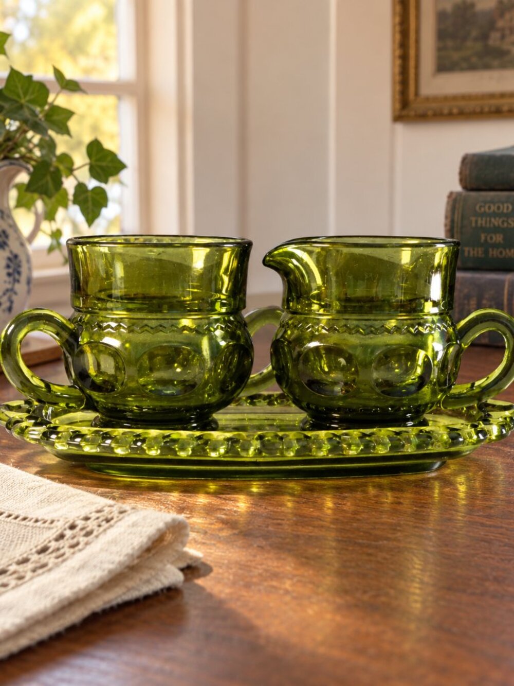 Vintage Indiana Glass King's Crown Thumbprint 3pc Set Creamer Sugar Green